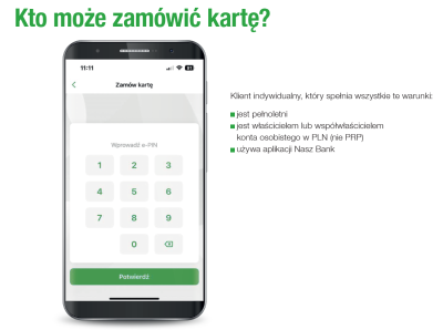 Grafika informująca kto może zamówić kartę przez aplikację mobilną Nasz Bank