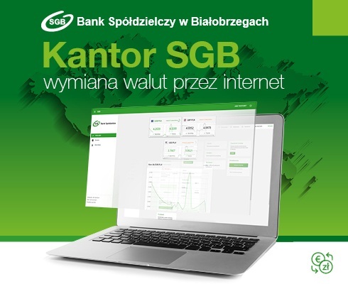 Grafika przedstawiająca usługę Kantor SGB  z laptopem wyświetlającym kursy walut